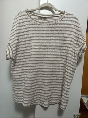 Moa Moa Beige & White Striped Short Sleeve Knit Top